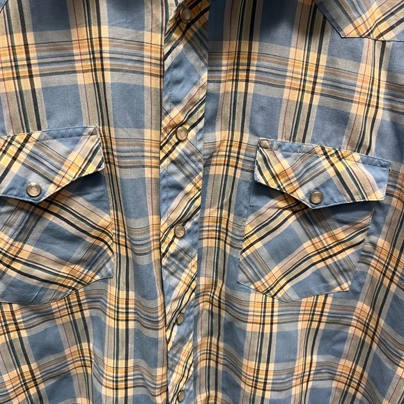 Wrangler western men’s Casual Blue Plaid Shirt Pearl snap XL - Picture 2 of 7